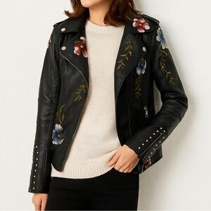 Floral Embroidered Black Faux Leather Jacket